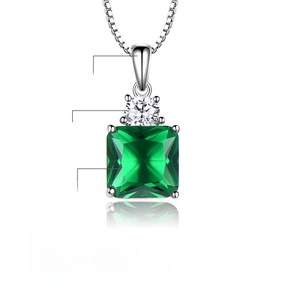 Vintage 925 sterling silver necklace with square green nano emerald pendant and AAA zircon