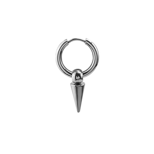 Silver punk style stainless steel hoop earring with a sleek conical spike pendant