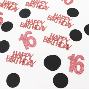 Pink glitter Happy Birthday and 16 confetti with black dots for party table decoration