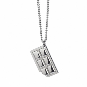 Polished silver chocolate bar pendant necklace with bite mark on twist chain