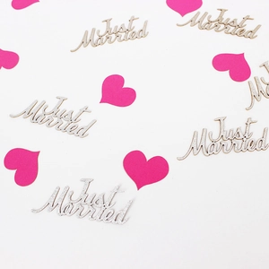 Glittery Just Married letters and rose pink hearts for wedding party table decoration