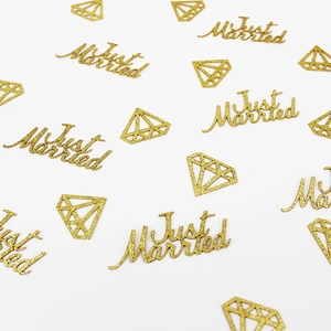 Golden Just Married glitter confetti and diamond cutouts for wedding party decoration