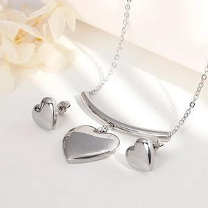 Minimalist silver stainless steel jewelry set with heart pendant necklace and earrings