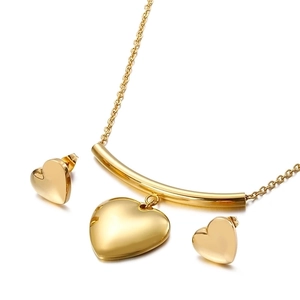 Polished gold stainless steel heart necklace and stud earrings jewelry set for women