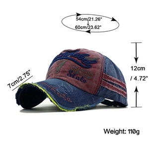 Detailed view of washed baseball cap with Rock Rebel embroidery and size dimensions