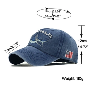 Detailed size chart for blue washed denim shark baseball cap with embroidery details