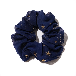 Sweet navy blue chiffon star pattern scrunchie hair accessory with gold foil print