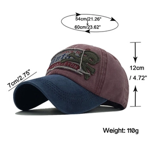 Detailed view of vintage washed baseball cap dimensions and skull patch features