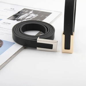 Minimalist black leather belts with classic gold and silver square metal buckles