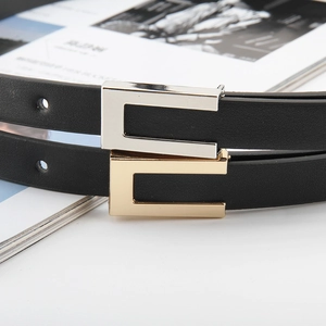 Minimalist black leather skinny belts with gold and silver geometric buckles for women