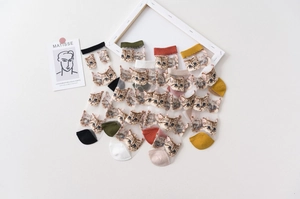 Flat lay of five sheer summer socks featuring playful cat patterns in multiple colors