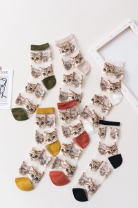 Detail of colorful ultra-thin transparent socks with realistic cat pattern prints