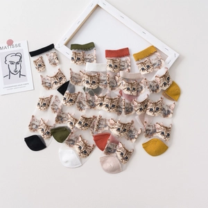 Transparent Mesh Socks Women Ultra Thin Breathable Cat Face Pattern Nylon Crew Contrast Color Summer Fashion