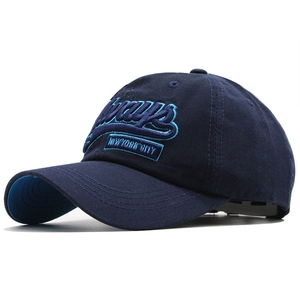 Close-up of Always New York City 3D embroidery on dark blue cotton baseball cap