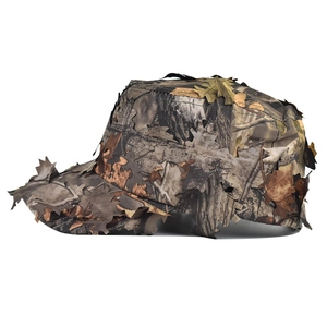 Detail of 3D bionic leaf camouflage hunting cap for outdoor concealment and sun protection.