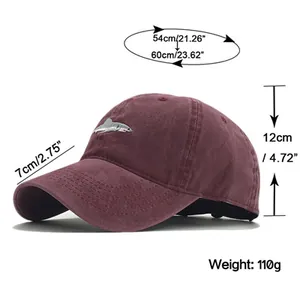 Size guide for shark baseball cap showing 54-60cm circumference and 7cm brim length