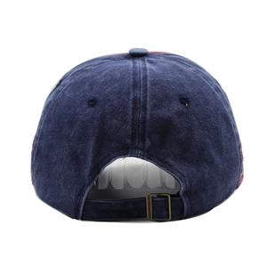 Adjustable washed denim baseball cap in dark blue with retro metal buckle and vent holes