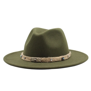 Detail of dark green wool fedora with woven band, turquoise beads and scorpion charm