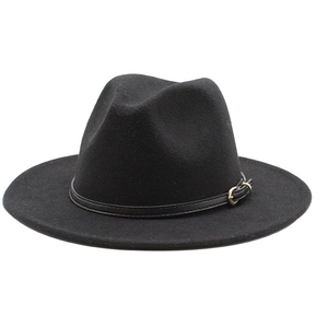 Detail of black wool fedora hat featuring a classic leather band and gold metal buckle