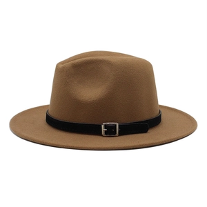 Brown wool fedora hat with flat brim and black leather belt featuring metal buckle