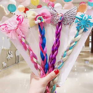 Kids Hair Ties With Colorful Braided Wig Synthetic Fiber Cartoon Unicorn Rainbow Bow Princess Hair Accessories For Girls