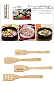 Detailed set of four natural bamboo cooking spatulas including slotted and solid turner tools