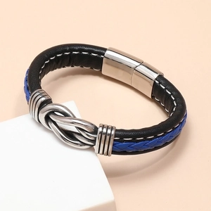 Men's braided black and blue leather bracelet with silver magnetic metal clasp