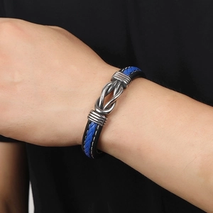 Men's blue and black braided leather bracelet with silver stainless steel infinity clasp