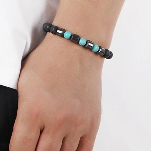 Men's beaded bracelet with volcanic lava stone, hematite and blue turquoise beads