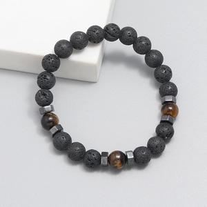 8mm minimalist black lava rock and tiger eye beaded stretch bracelet for men and women