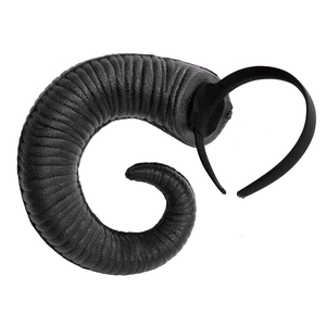 Detailed view of black ram horn headband with realistic spiral texture for Halloween cosplay