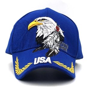 Blue baseball cap featuring eagle embroidery with USA text and laurel brim detail