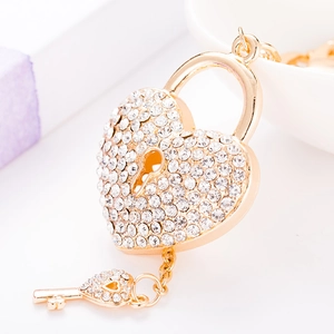 Exquisite gold heart-shaped lock and key keychain with sparkling crystals and metal chain