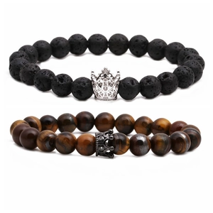 Tiger eye and black lava stone crown beaded bracelets set for couples in minimalist style