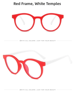 Detail view of round red frame children's glasses with white temples from multiple angles