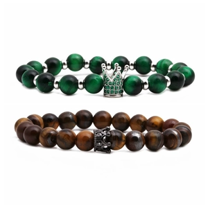 Tiger eye and malachite stone crown couple bracelet set with natural stone beads