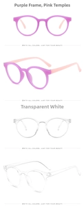 Detail view of round purple-pink and transparent white anti-blue light kids glasses