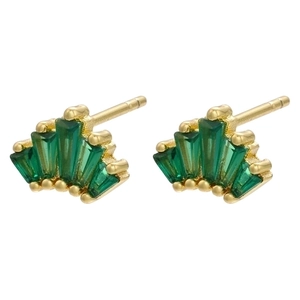 Detailed shot of fan-shaped gold stud earrings with baguette-cut green crystals