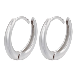 Detailed close-up of pair of silver rectangular geometric huggie earrings on white background