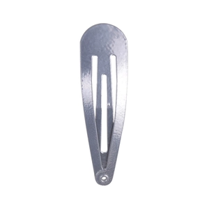 Detail of silver-grey teardrop snap clip with a matte finish and reinforced hole