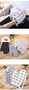 Detailed view of heat-resistant cotton kitchen mitts in various plaid and herringbone patterns