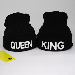 Matching King and Queen embroidered black knit beanies for couples in classic ribbed style