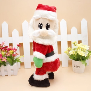 Plush musical electric Santa Claus toy with classic red suit and soft white fur trim