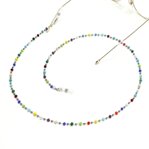 Chaîne de lunettes en perles de cristal colorées avec maillons dorés et bouts silicone