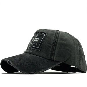 Distressed dark grey washed cotton baseball cap with vintage patch and star embroidery