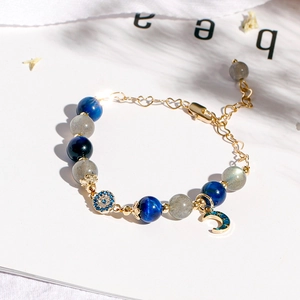 Blue Tiger Eye and Labradorite beaded bracelet with Evil Eye and Moon charms