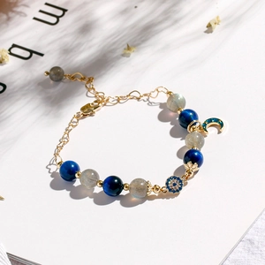 Evil Eye Moonstone Tiger Eye Beaded Bracelet Moon Heart Charm Gold Plated Alloy Adjustable Women Fashion Jewelry Gift