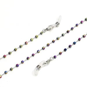 Colorful square crystal bead stainless steel eyewear chain with adjustable silicone loops