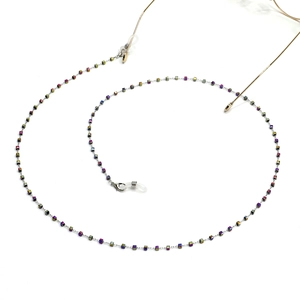 Stainless steel eyewear chain with colorful square crystals and non-slip silicone loops