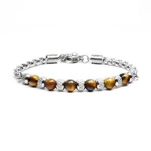 Detail of 6mm tiger eye stone beads on a silver metal chain with lobster clasp